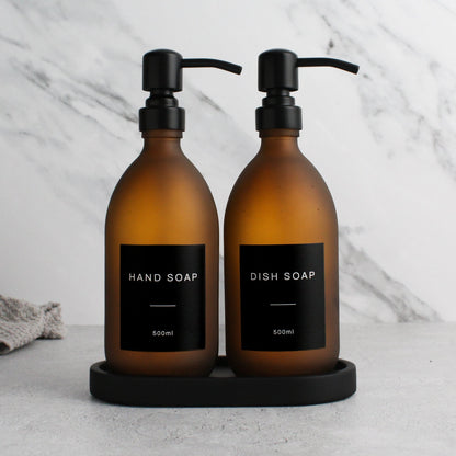 Namie Frosted Amber Glass Soap Dispenser Double Set with Black Concrete Tray