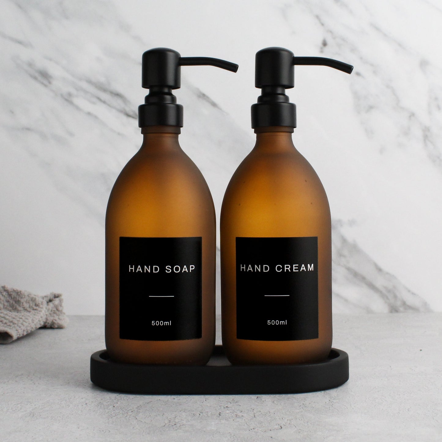 Namie Frosted Amber Glass Soap Dispenser Double Set with Black Concrete Tray
