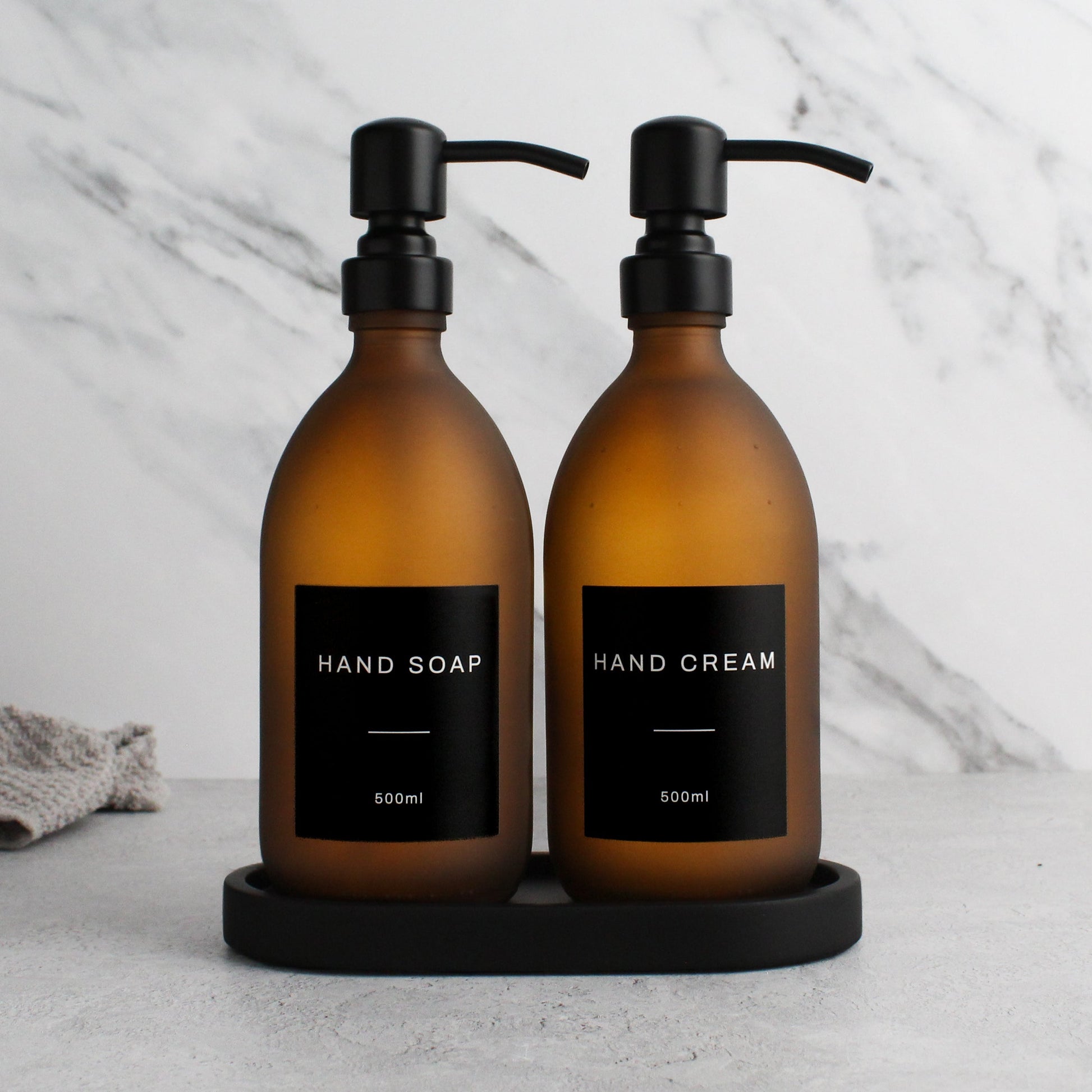 Namie Frosted Amber Glass Soap Dispenser Double Set with Black Concrete Tray