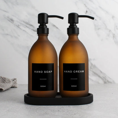 Namie Frosted Amber Glass Soap Dispenser Double Set with Black Concrete Tray