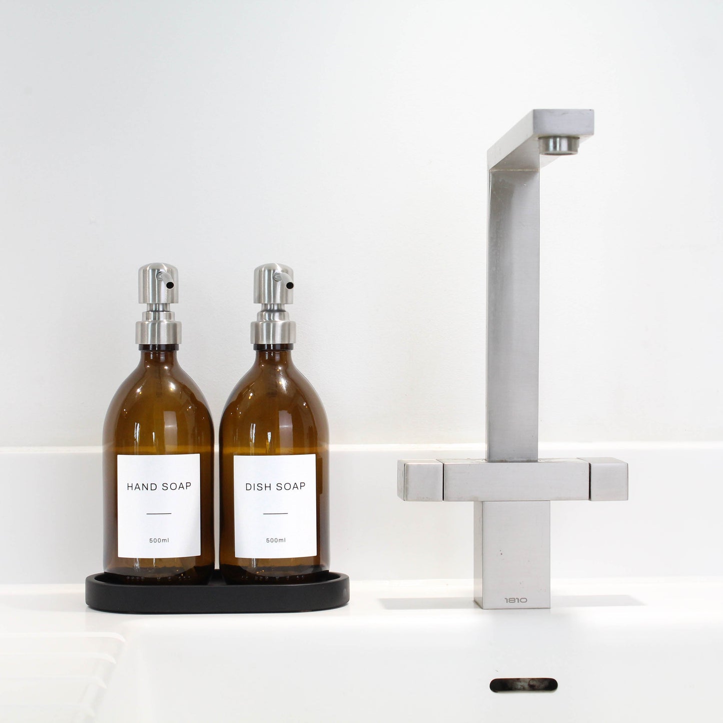 Namie Amber Glass Soap Dispenser Double Set with Black Concrete Tray