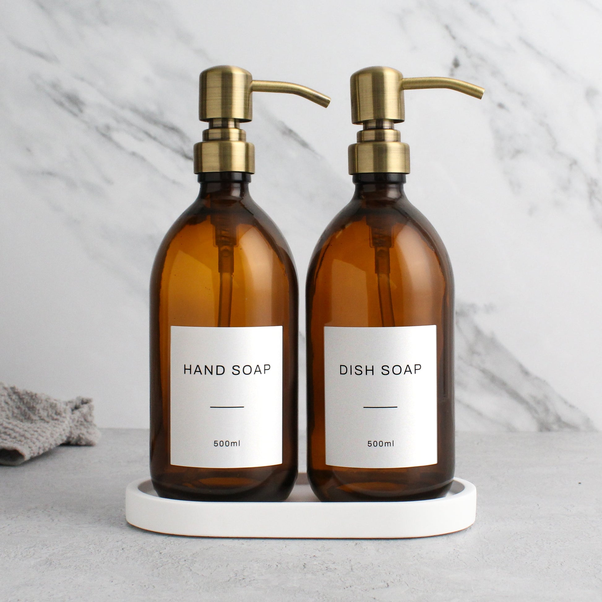 Namie Amber Glass Soap Dispenser Double Set with White Concrete Tray
