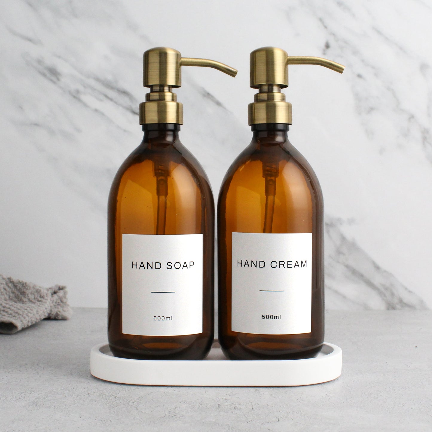 Namie White Concrete Tray & Amber Glass Dispenser Double Set