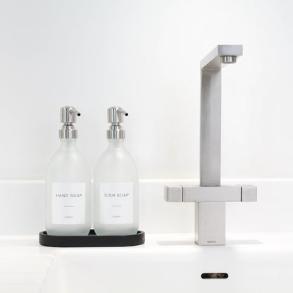 Frosted White Glass Soap Dispenser Set with Black Concrete Tray
