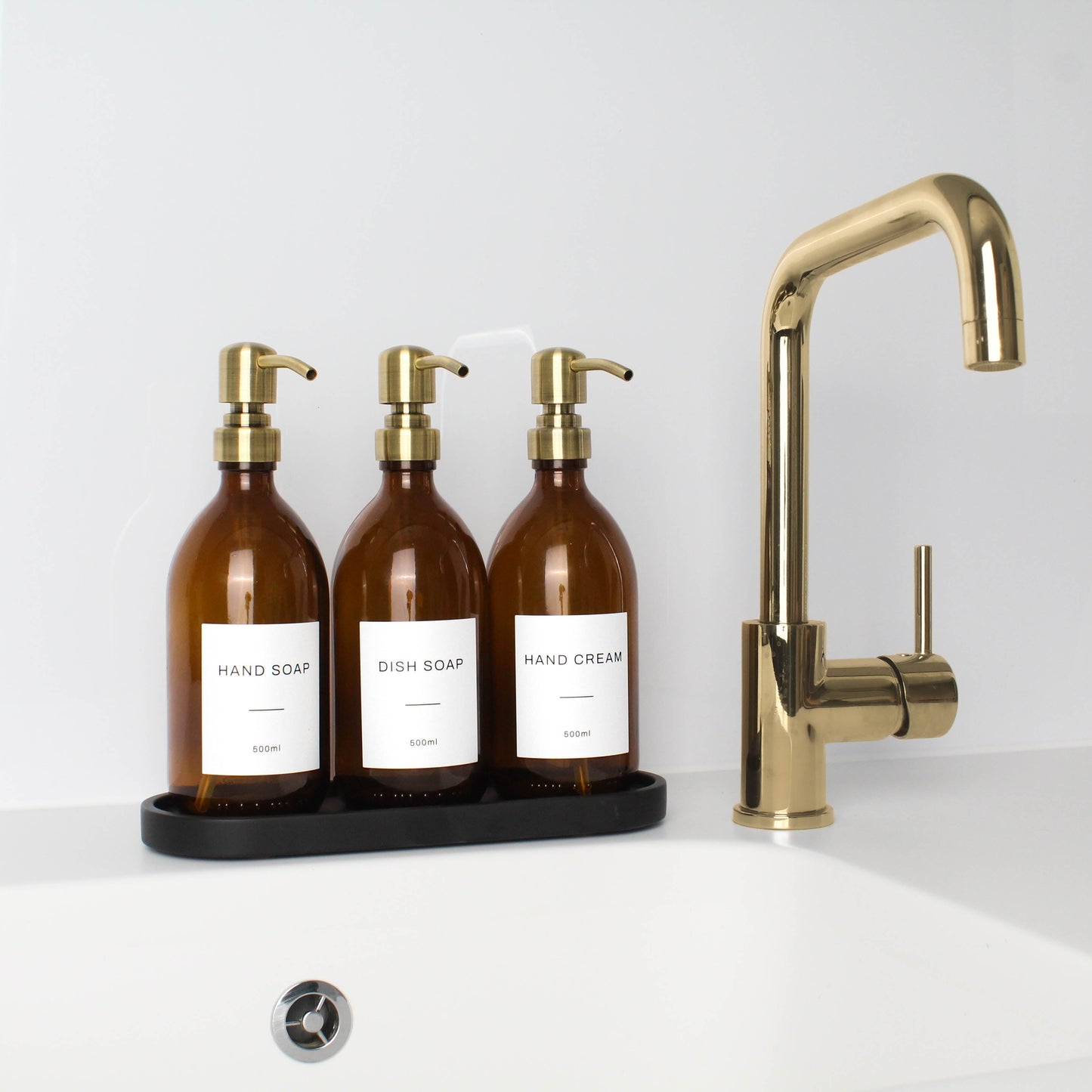 Namie Amber Glass Soap Dispenser Triple Set with Black Concrete Tray