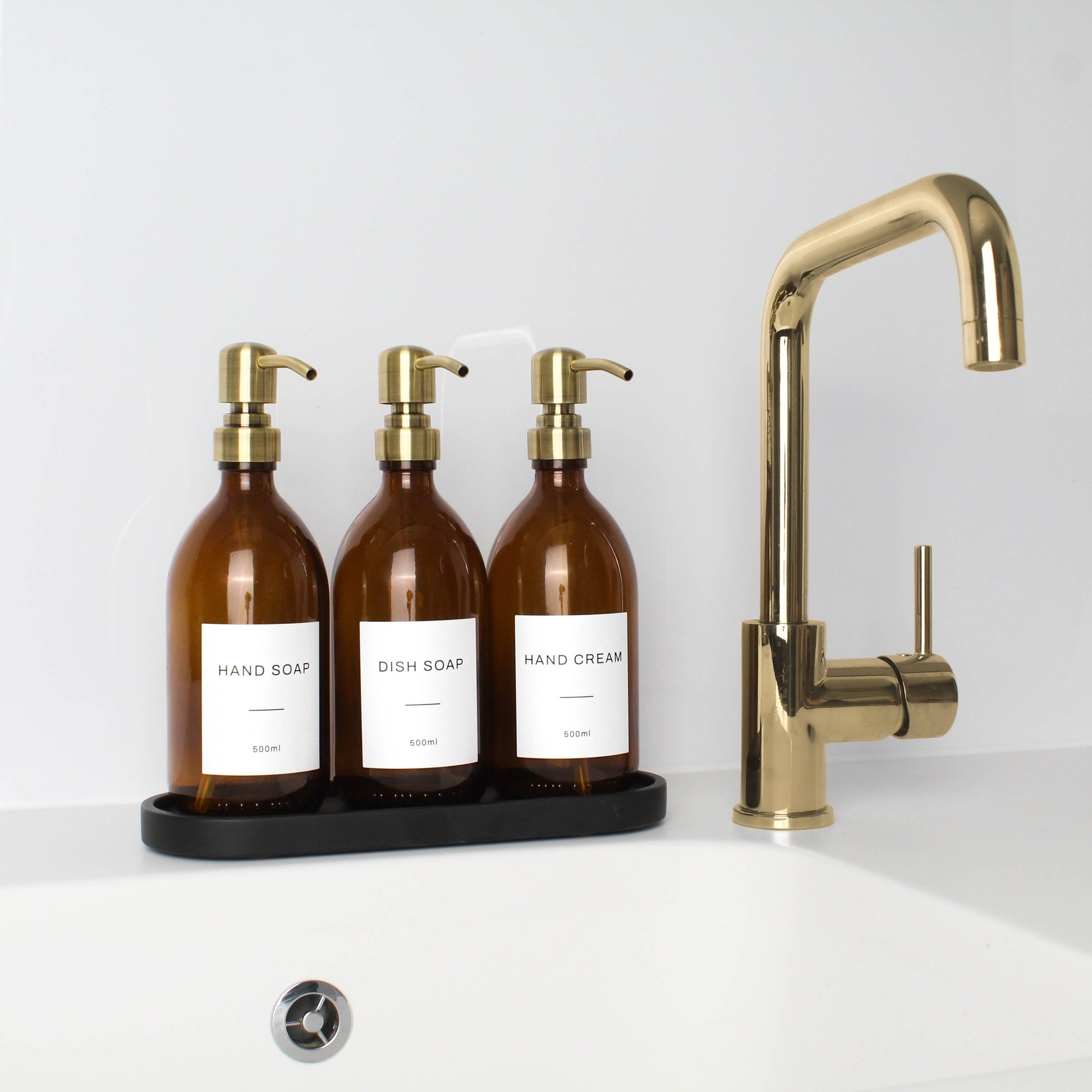 Namie Amber Glass Soap Dispenser Triple Set with Black Concrete Tray