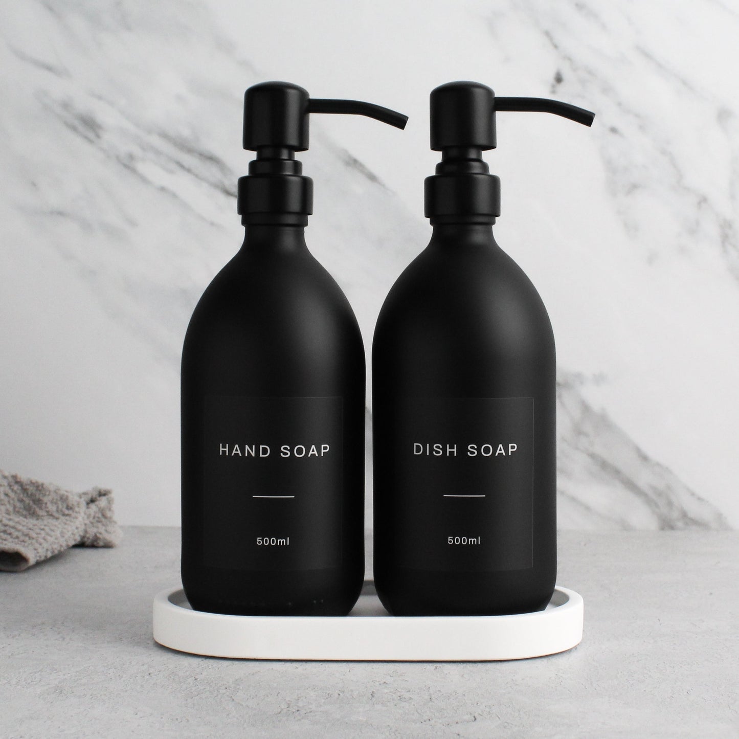 Namie Matte Black Glass Soap Dispenser Double Set with White Concrete Tray