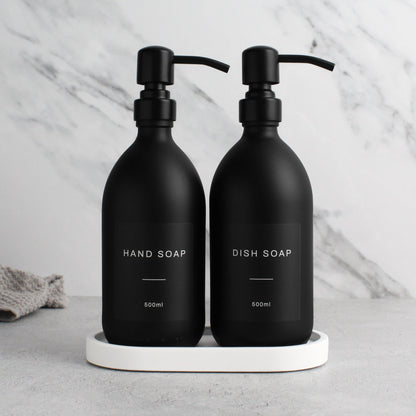 Namie Matte Black Glass Soap Dispenser Double Set with White Concrete Tray