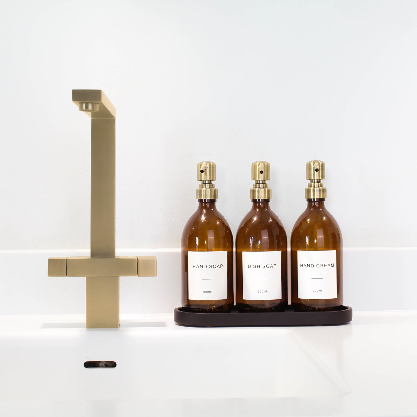 Namie Amber Glass Soap Dispenser Triple Set with Black Concrete Tray