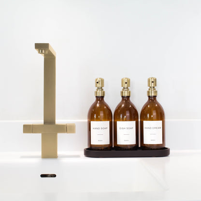 Namie Amber Glass Soap Dispenser Triple Set with Black Concrete Tray