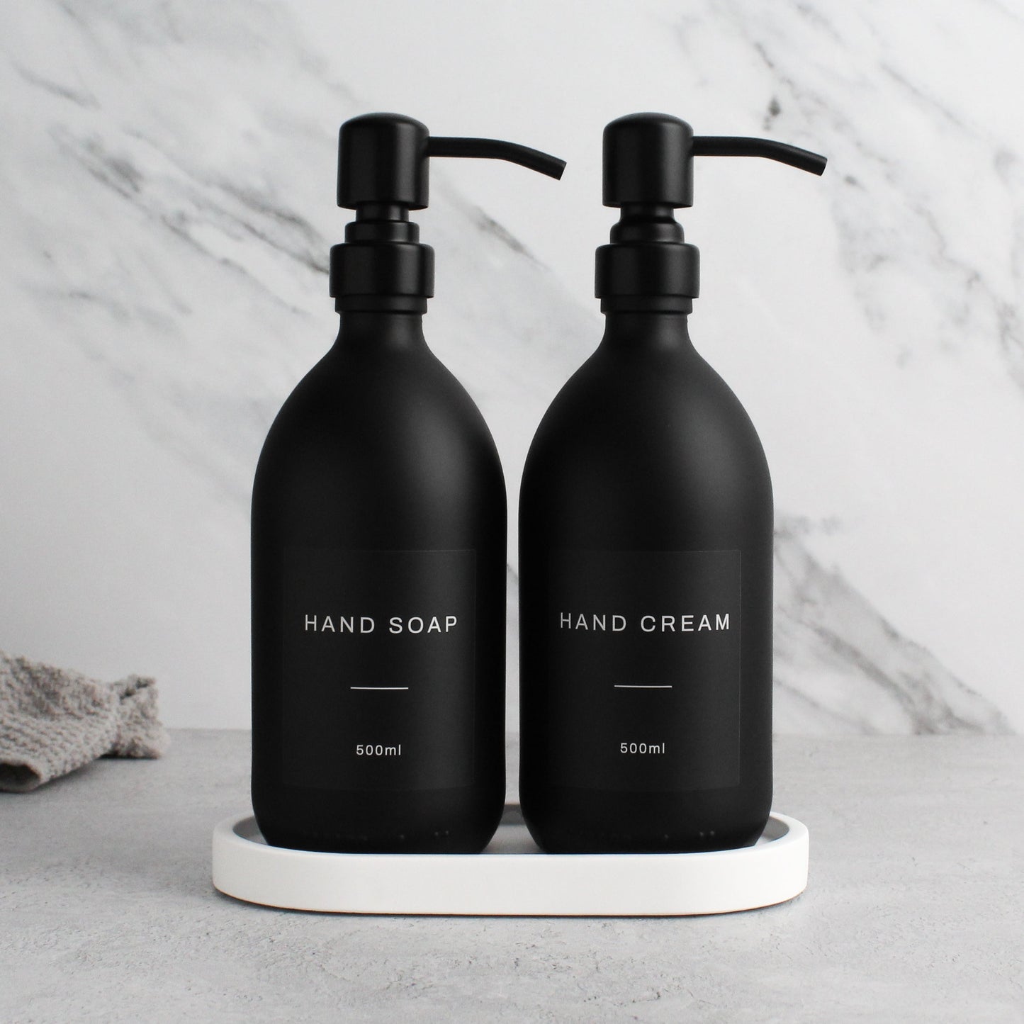 Namie Matte Black Glass Soap Dispenser Double Set with White Concrete Tray