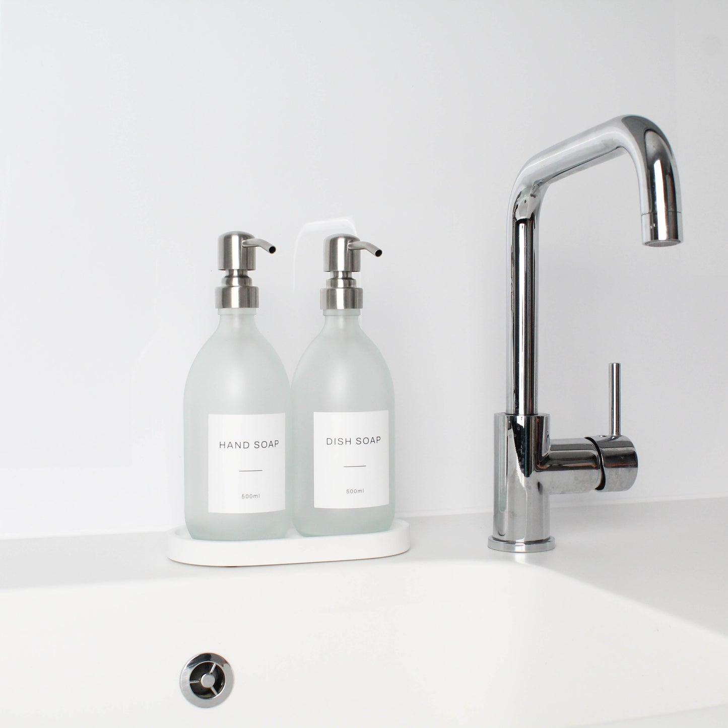 Frosted White Glass Soap Dispenser Set with Concrete Tray