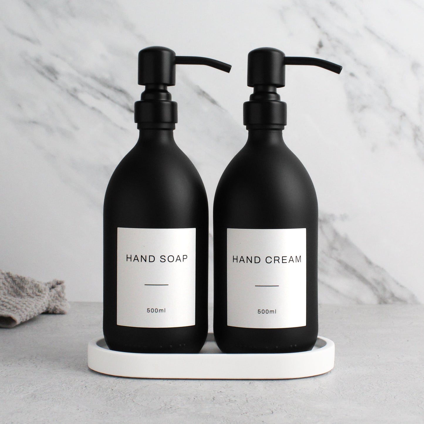 Namie Matte Black Glass Soap Dispenser Double Set with White Concrete Tray