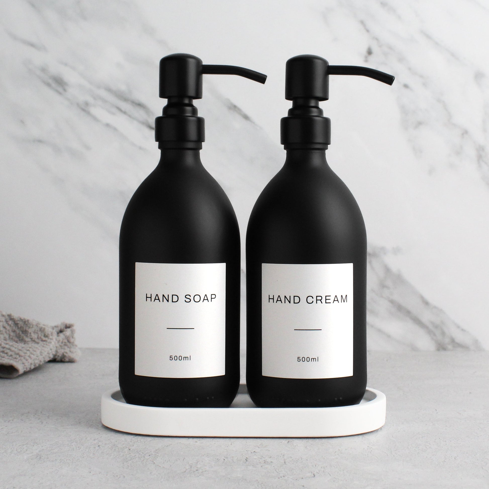 Namie Matte Black Glass Soap Dispenser Double Set with White Concrete Tray
