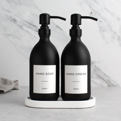 Namie Matte Black Glass Soap Dispenser Double Set with White Concrete Tray