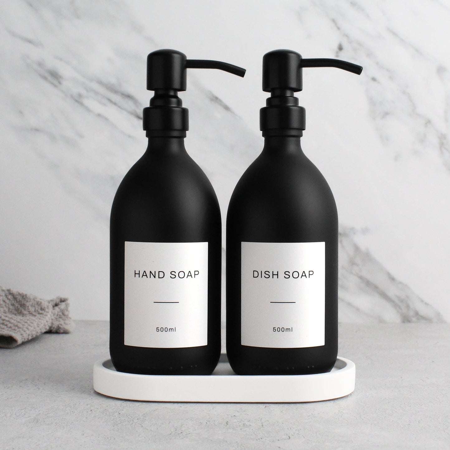 Namie Matte Black Glass Soap Dispenser Double Set with White Concrete Tray