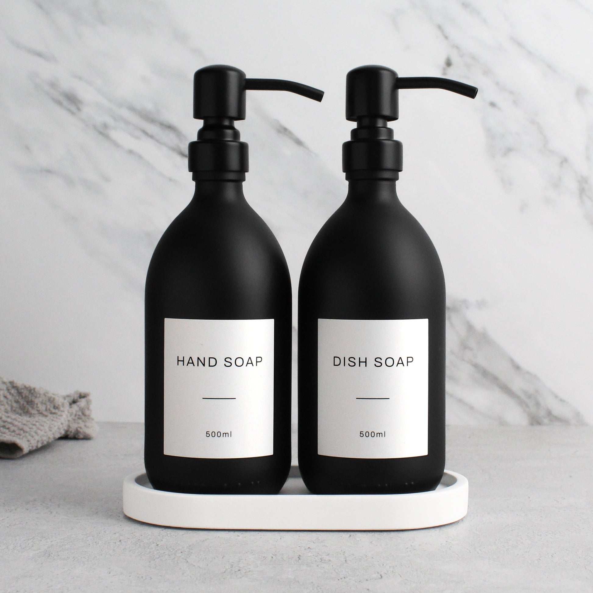 Namie Matte Black Glass Soap Dispenser Double Set with White Concrete Tray