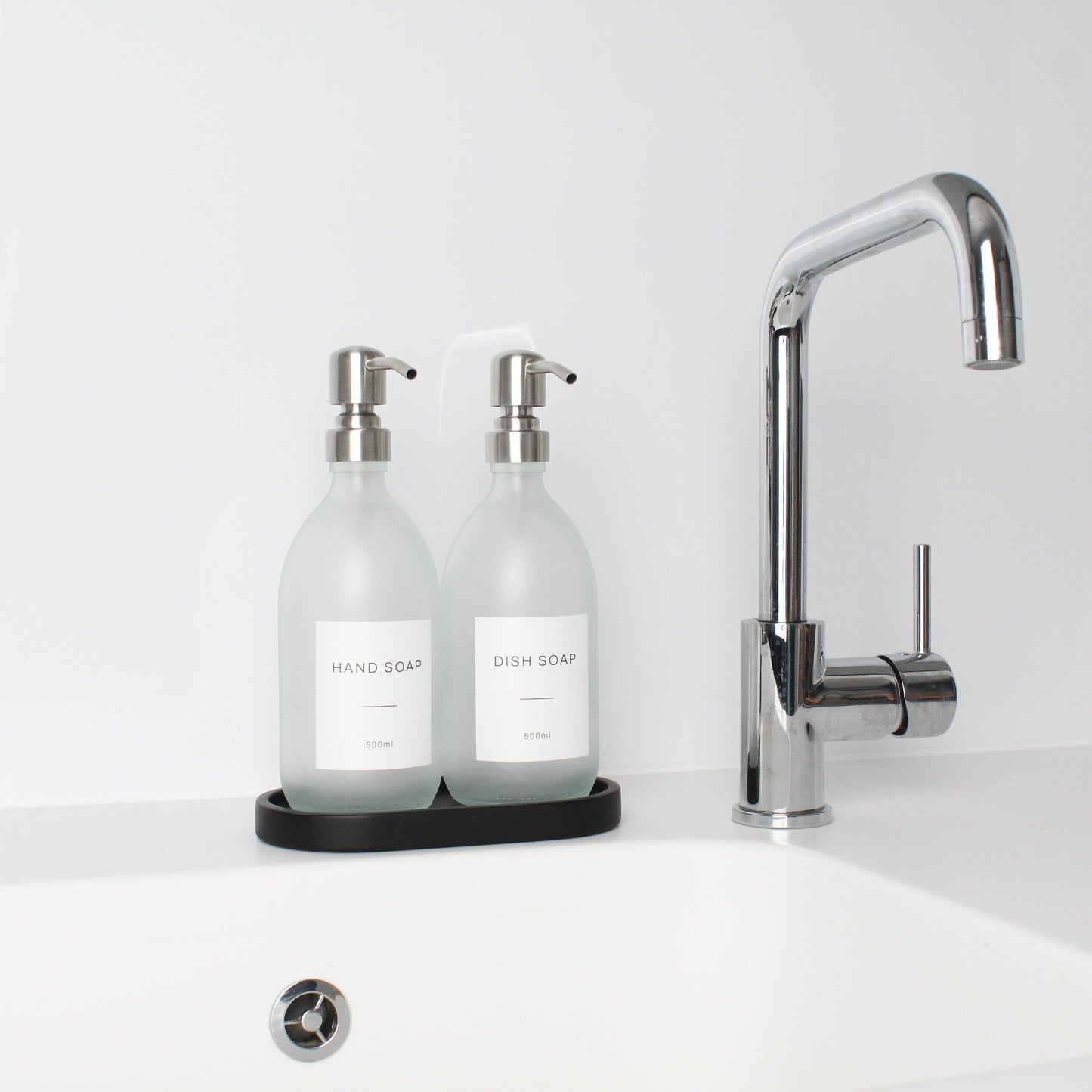 Frosted White Glass Soap Dispenser Set with Black Concrete Tray