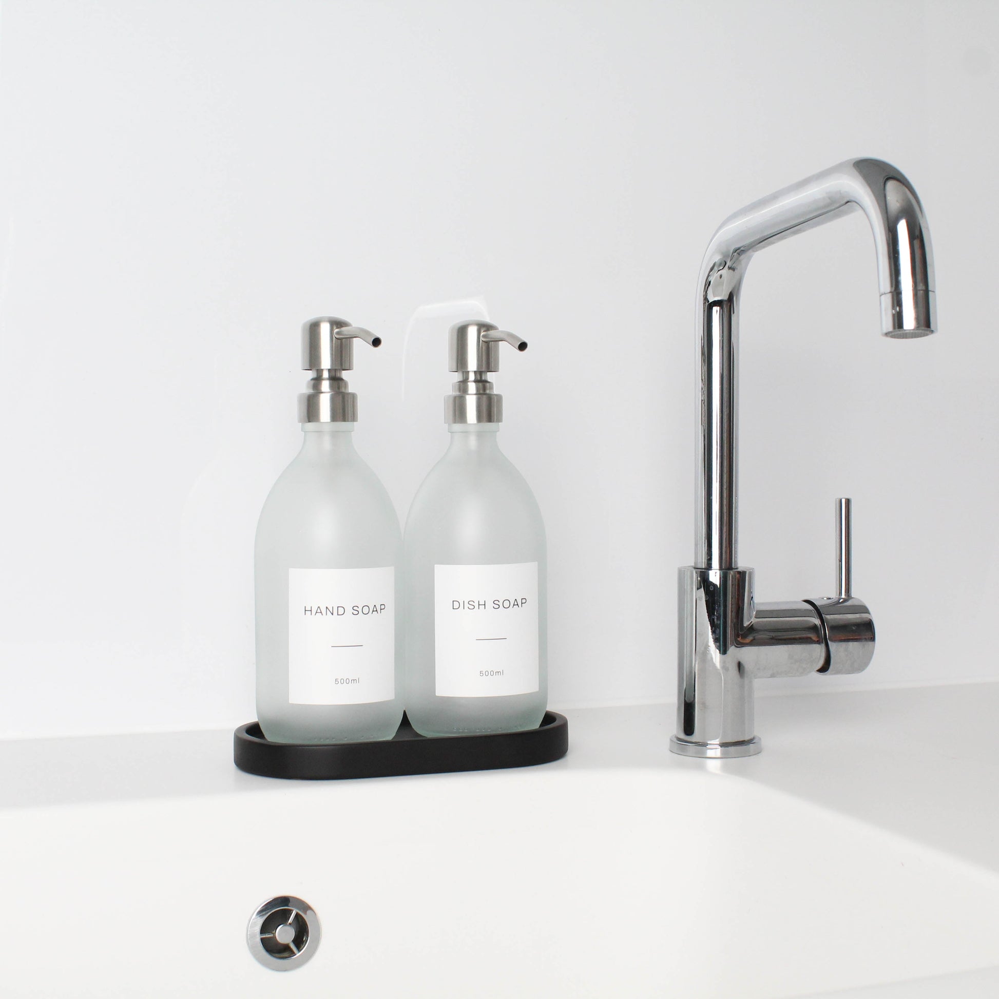 Frosted White Glass Soap Dispenser Set with Black Concrete Tray