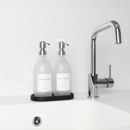 Frosted White Glass Soap Dispenser Set with Black Concrete Tray