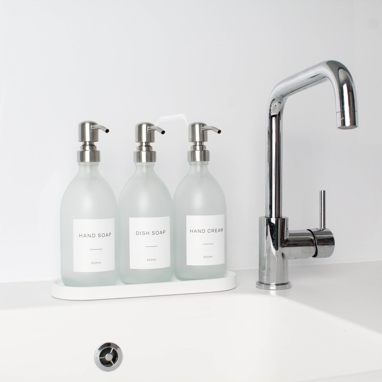 Namie Frosted White Glass Soap Dispenser Triple Set with White Concrete Tray