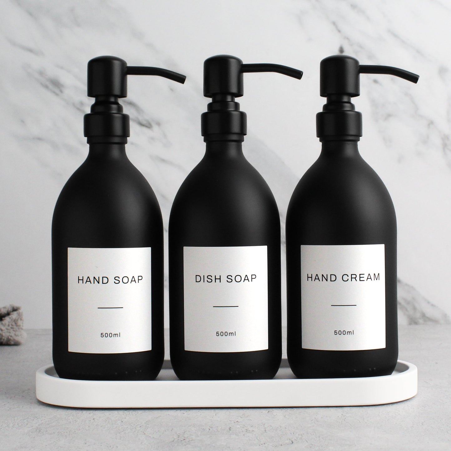Namie Matte Black Glass Soap Dispenser Triple Set with White Concrete Tray