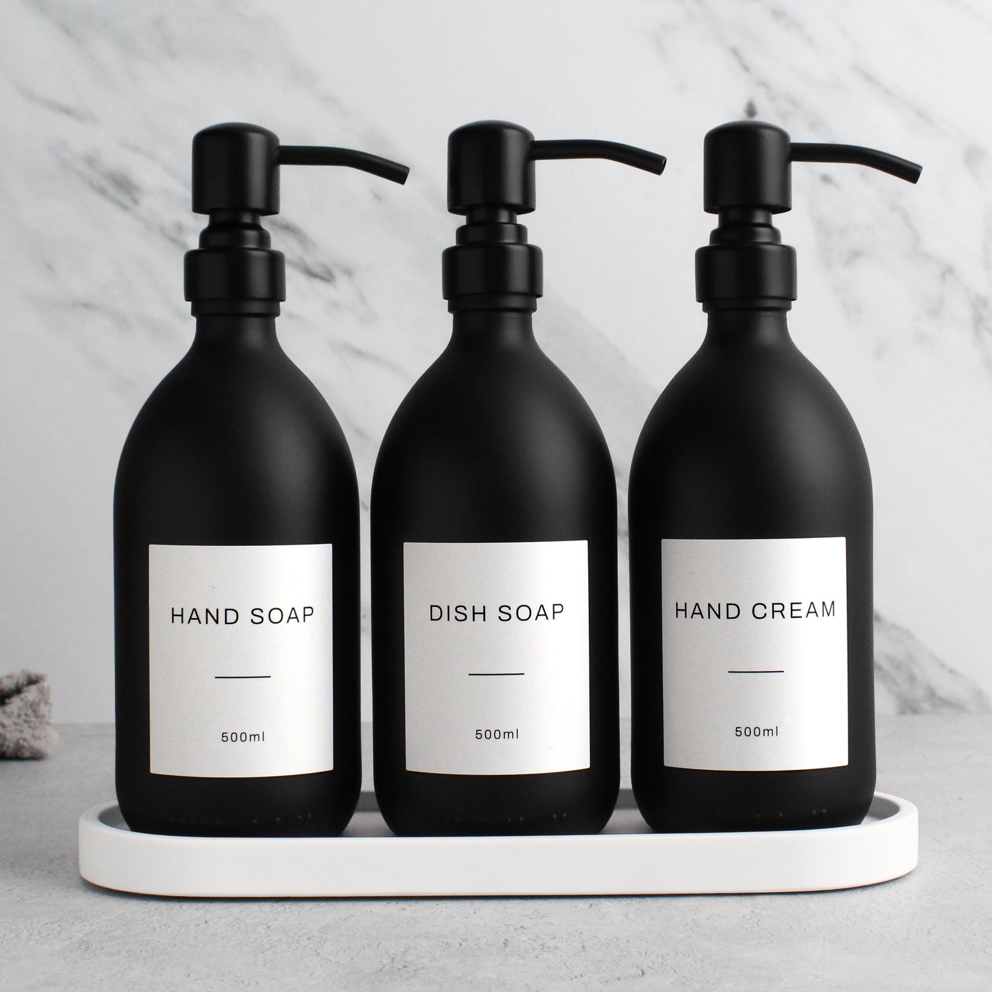 Namie Matte Black Glass Soap Dispenser Triple Set with White Concrete Tray