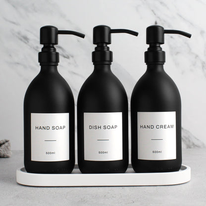 Namie Matte Black Glass Soap Dispenser Triple Set with White Concrete Tray