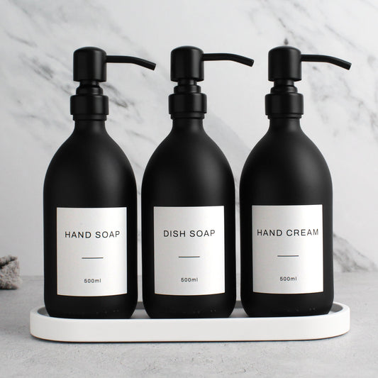 Namie Matte Black Glass Soap Dispenser Triple Set with White Concrete Tray