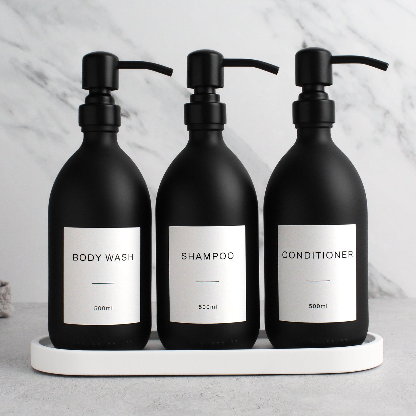 Namie Matte Black Glass Soap Dispenser Triple Set with White Concrete Tray