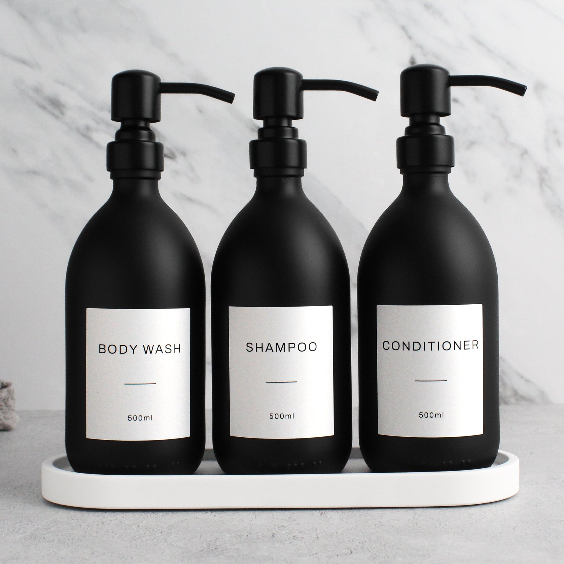 Namie Matte Black Glass Soap Dispenser Triple Set with White Concrete Tray