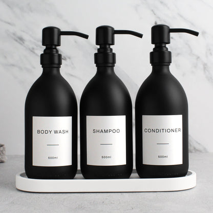Namie Matte Black Glass Soap Dispenser Triple Set with White Concrete Tray
