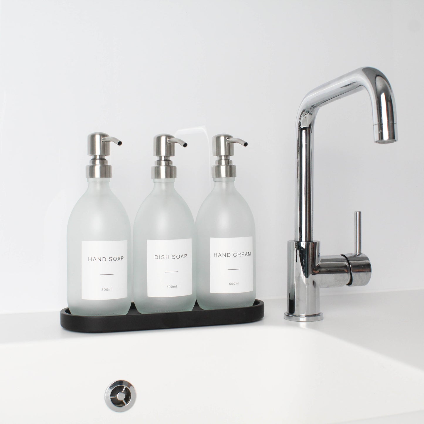 Namie Black Tray & Frosted White Dispenser Triple Set