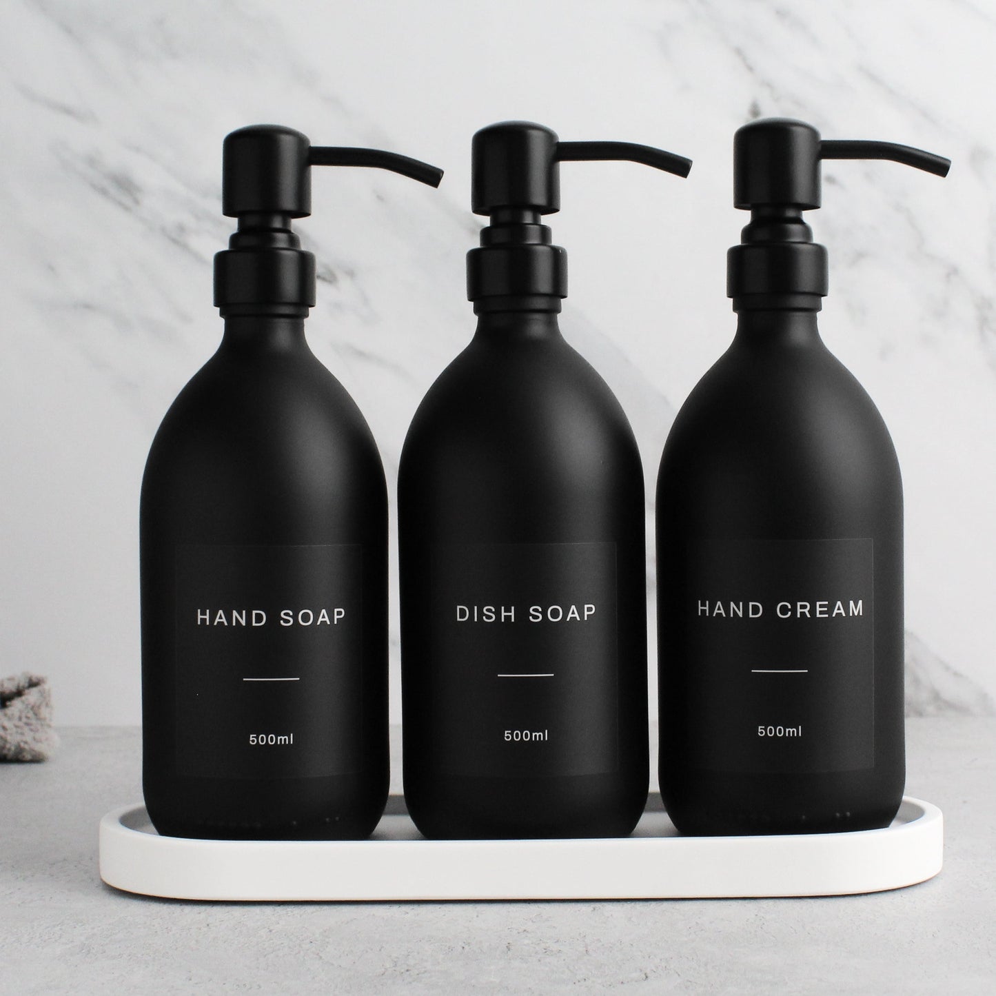 Namie Matte Black Glass Soap Dispenser Triple Set with White Concrete Tray