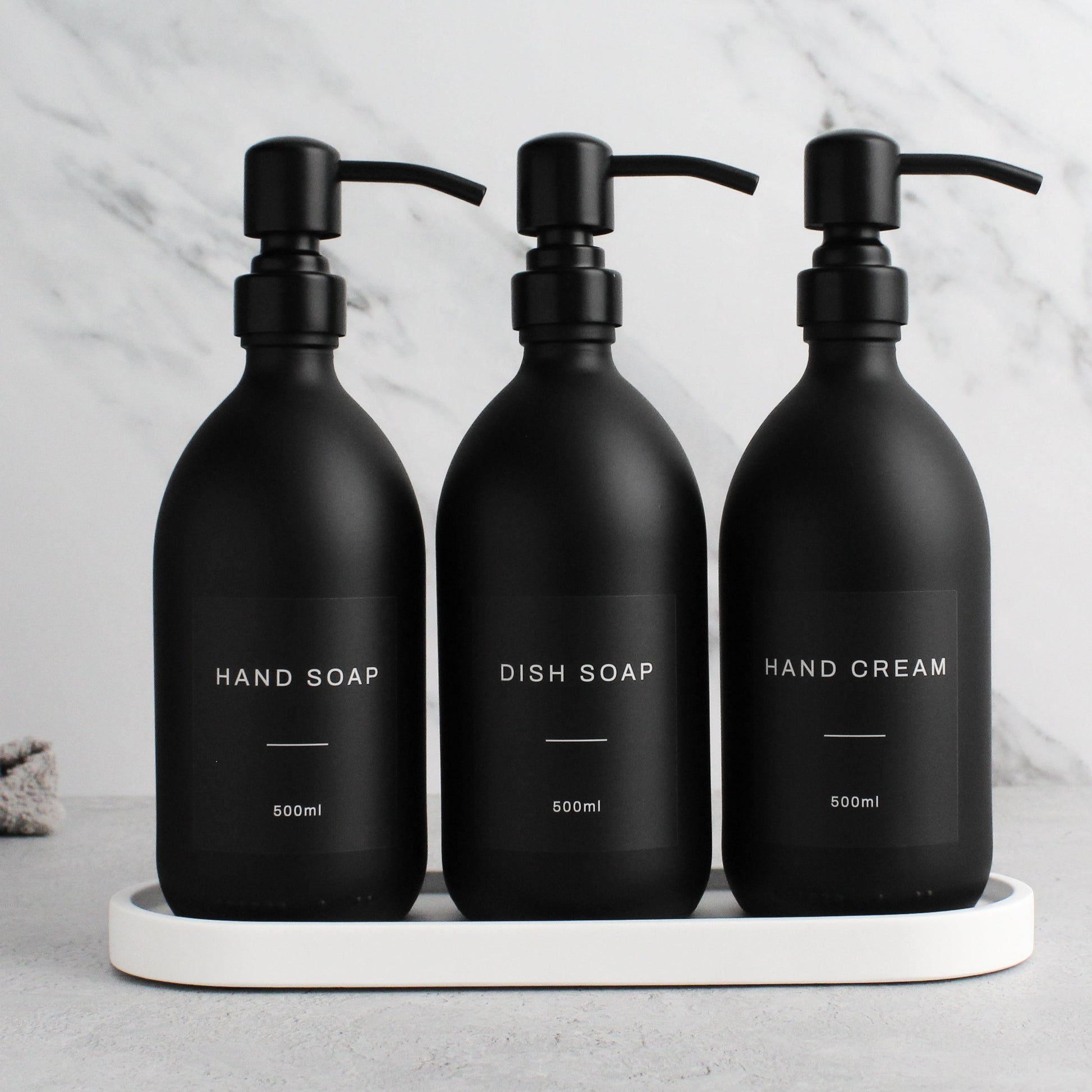 Namie Matte Black Glass Soap Dispenser Triple Set with White Concrete Tray