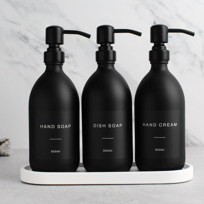 Namie Matte Black Glass Soap Dispenser Triple Set with White Concrete Tray