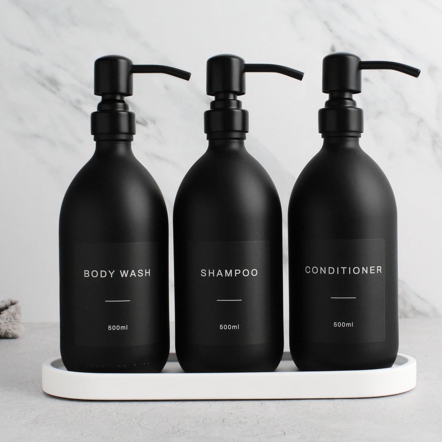 Namie Matte Black Glass Soap Dispenser Triple Set with White Concrete Tray