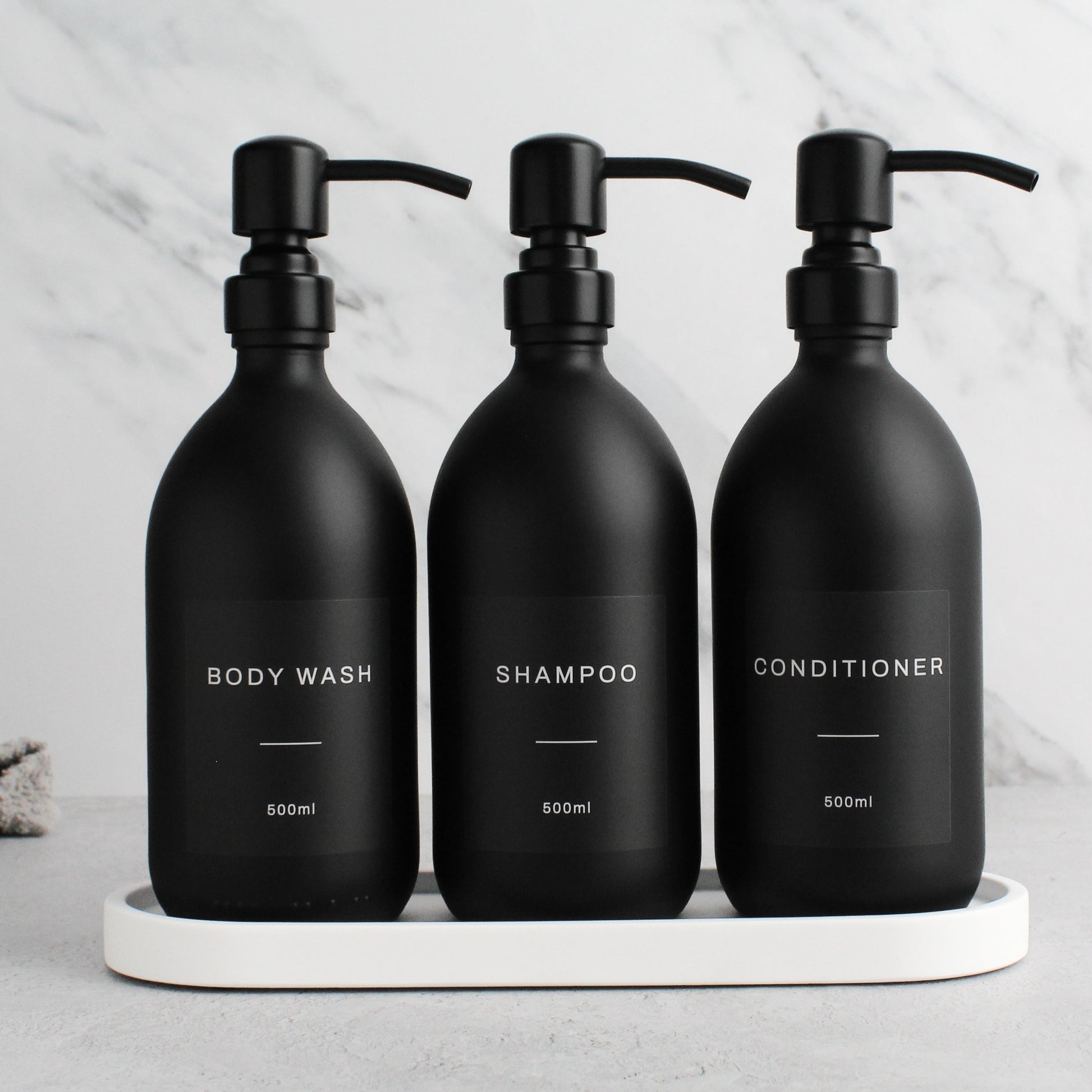 Namie Matte Black Glass Soap Dispenser Triple Set with White Concrete Tray