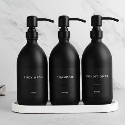 Namie Matte Black Glass Soap Dispenser Triple Set with White Concrete Tray