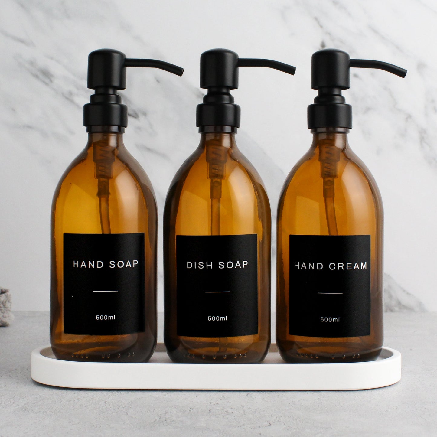 Namie Amber Glass Soap Dispenser Triple Set with White Concrete Tray
