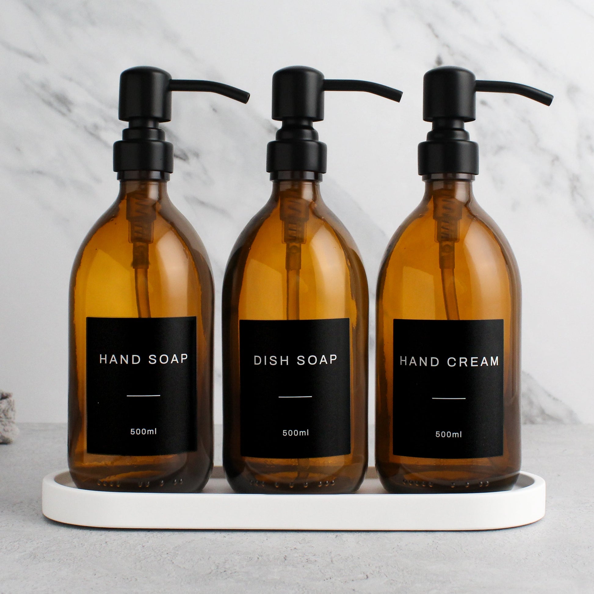 Namie Amber Glass Soap Dispenser Triple Set with White Concrete Tray