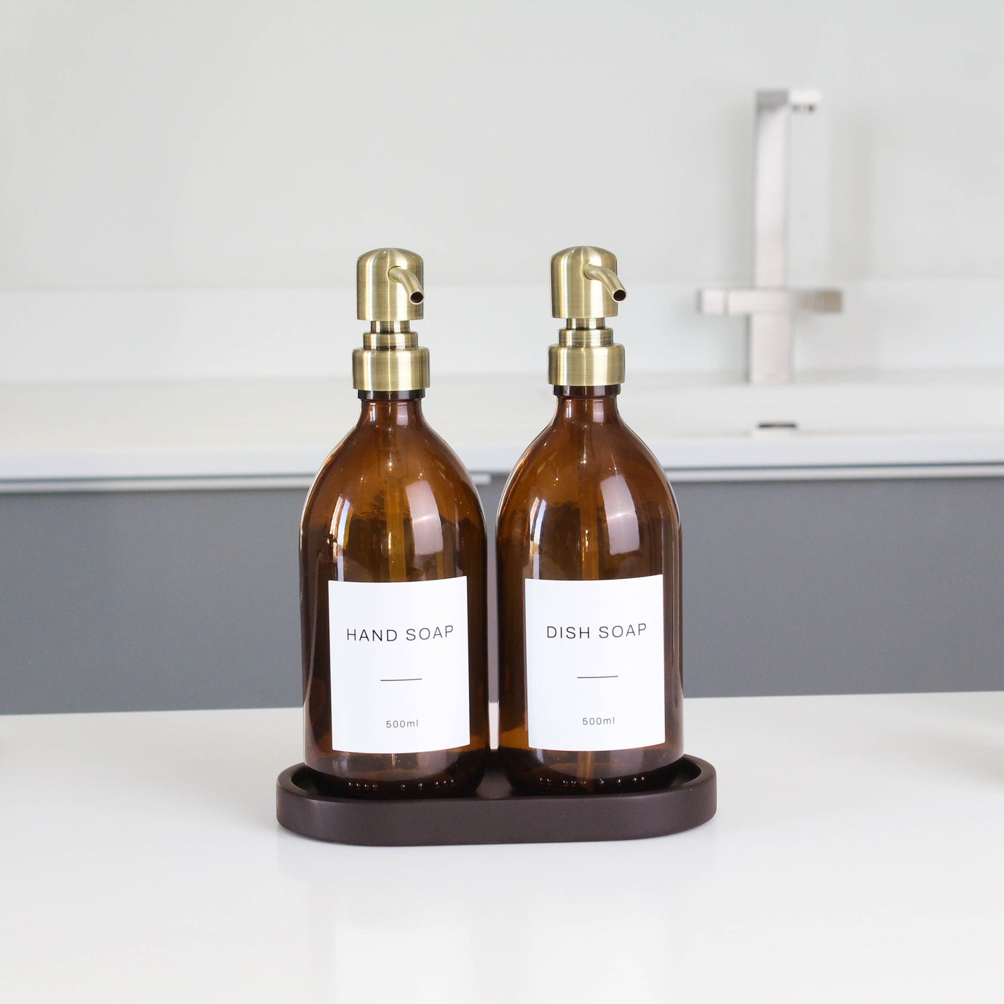Namie Amber Glass Soap Dispenser Double Set with Black Concrete Tray