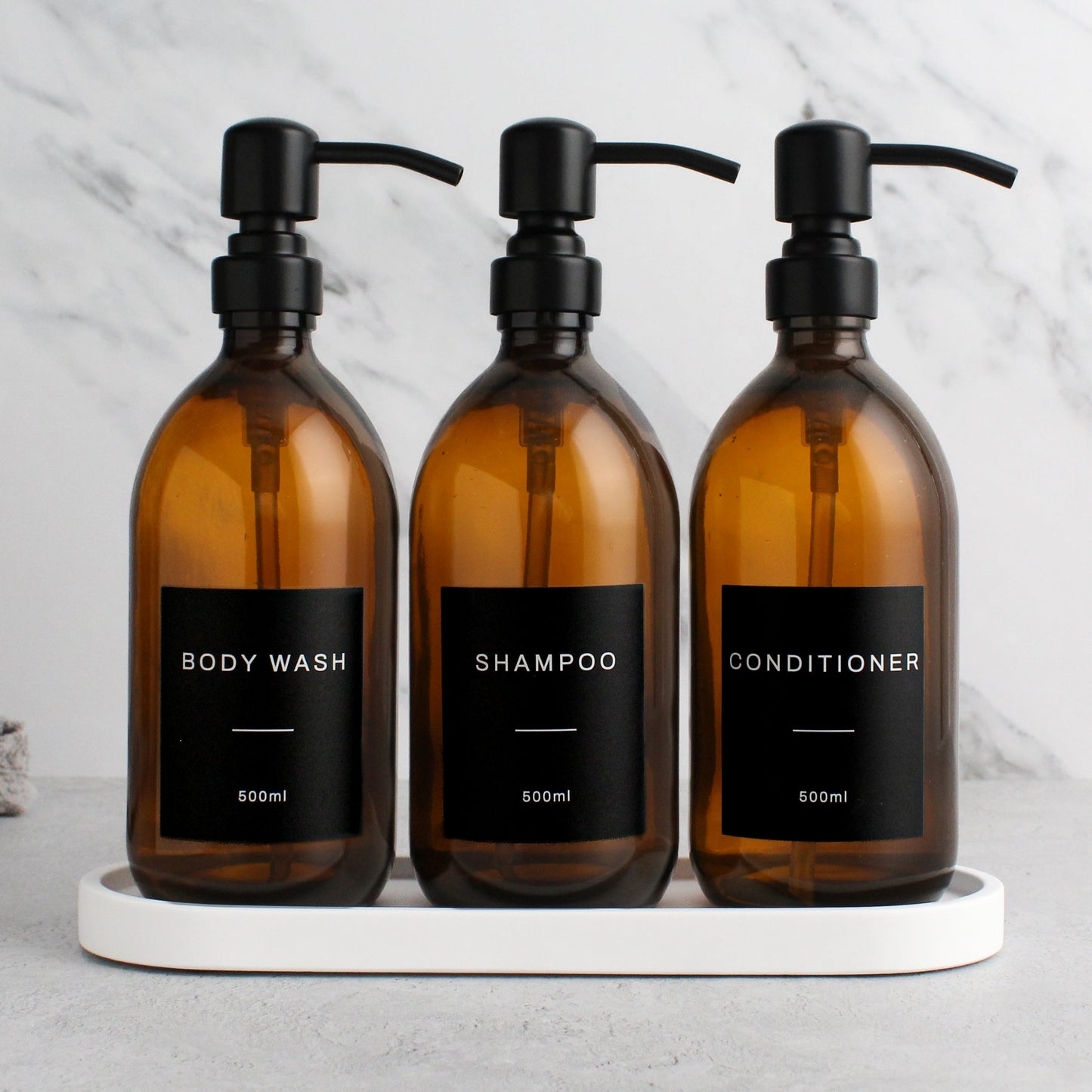 Namie Amber Glass Soap Dispenser Triple Set with White Concrete Tray