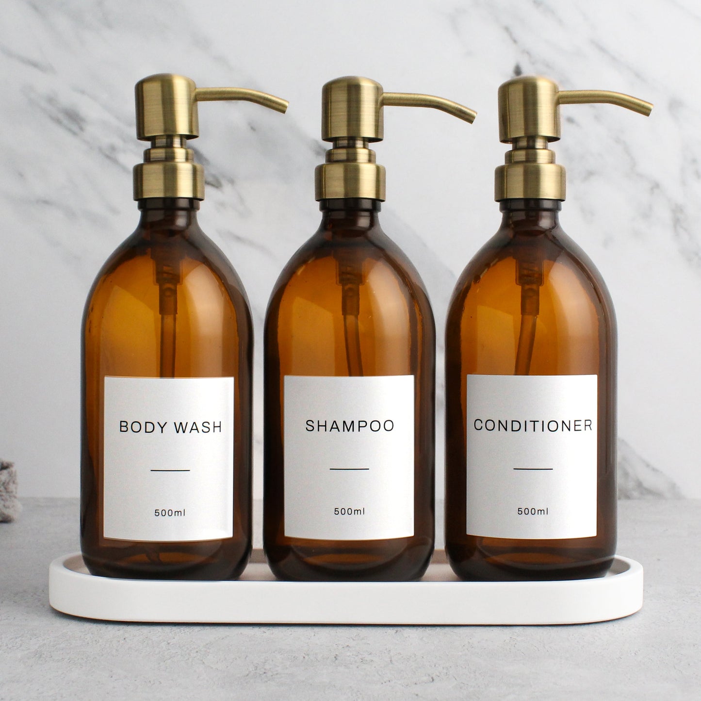Namie Amber Glass Soap Dispenser Triple Set with White Concrete Tray