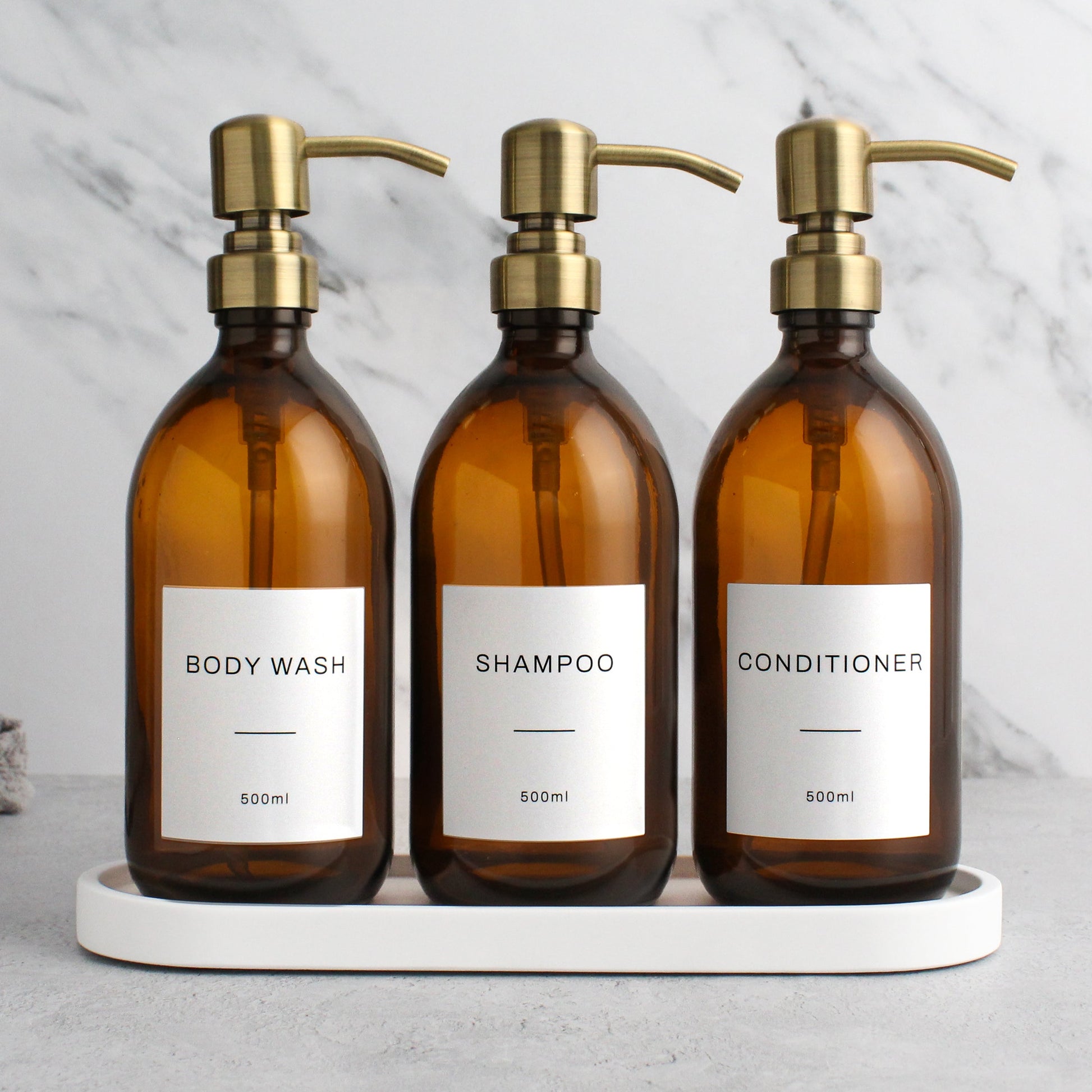 Namie Amber Glass Soap Dispenser Triple Set with White Concrete Tray