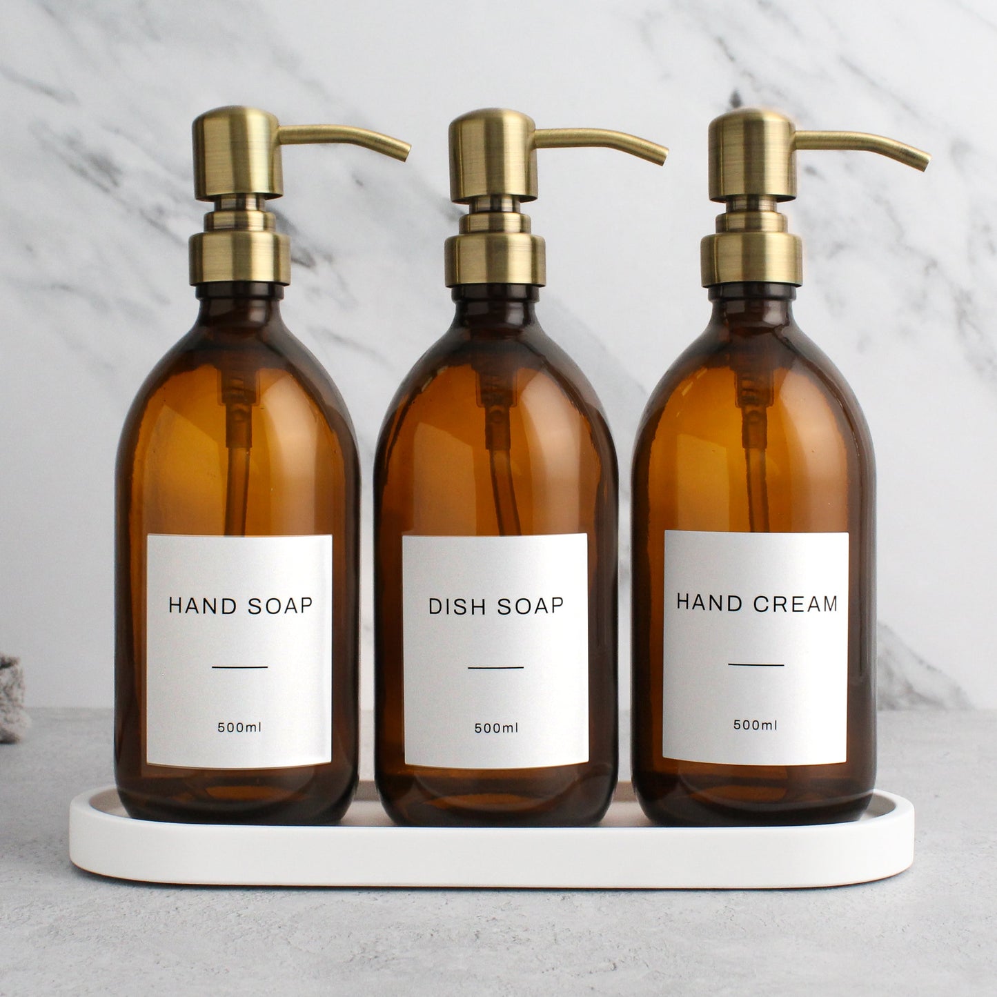 Namie Amber Glass Soap Dispenser Triple Set with White Concrete Tray