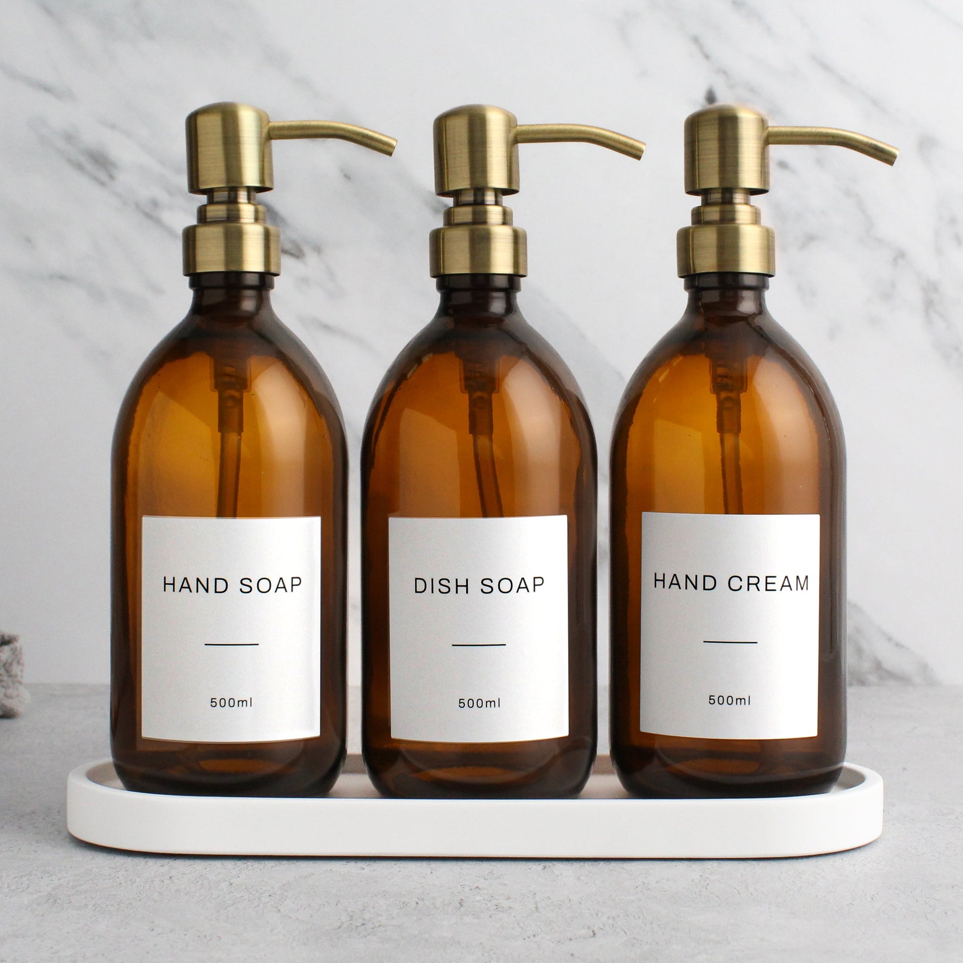 Namie Amber Glass Soap Dispenser Triple Set with White Concrete Tray