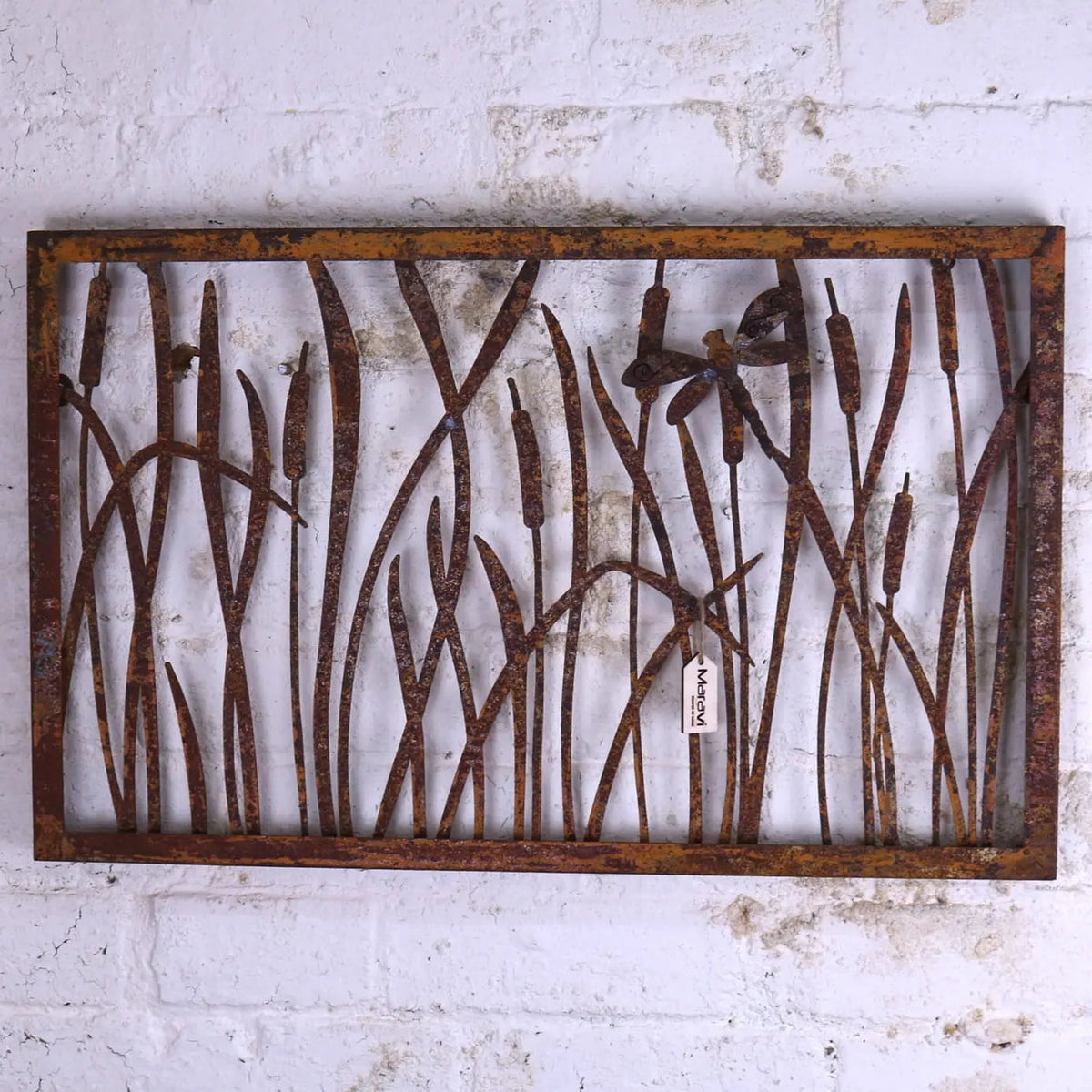 Alibag Rustic Metal Garden Wall Art with Butterflies and Bulrushes 65 cm