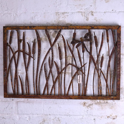 Alibag Rustic Metal Garden Wall Art with Butterflies and Bulrushes 65 cm
