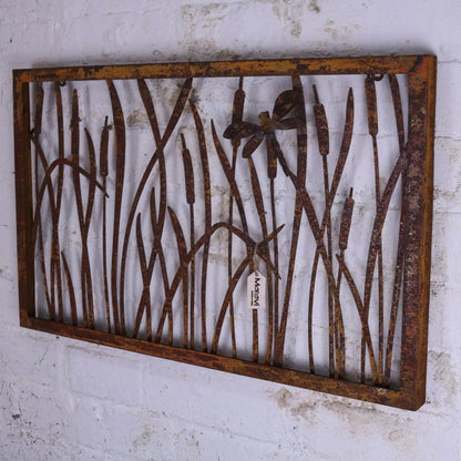 Alibag Rustic Metal Garden Wall Art with Butterflies and Bulrushes 65 cm